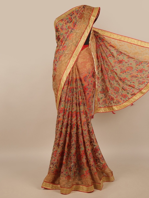 

Pothys Cream-Coloured & Green Floral Saree