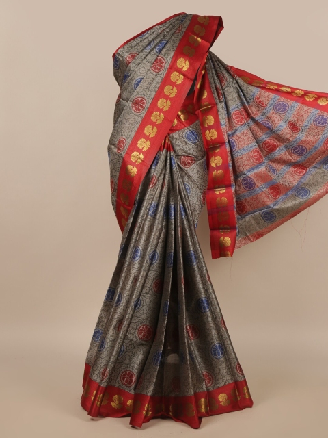 

Pothys Grey & Red Floral Zari Saree