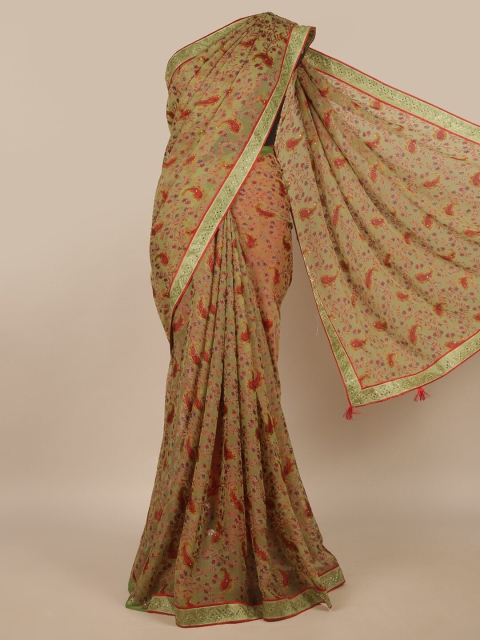 

Pothys Green & Red Ethnic Motifs Beads and Stones Saree