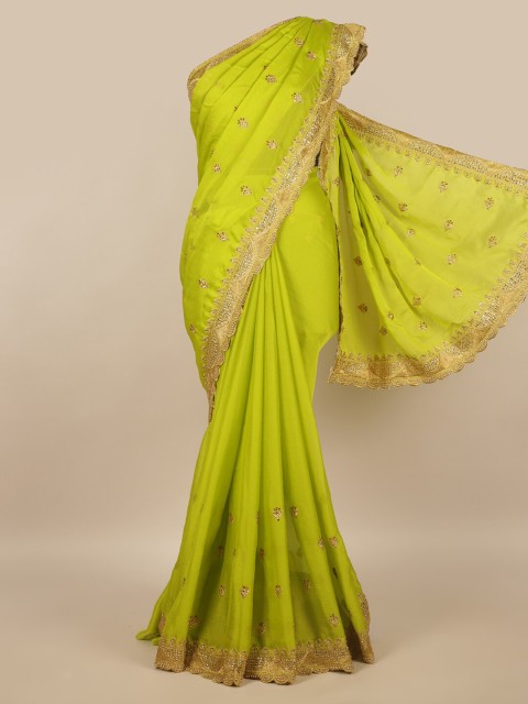 

Pothys Green & Gold-Toned Floral Beads and Stones Saree