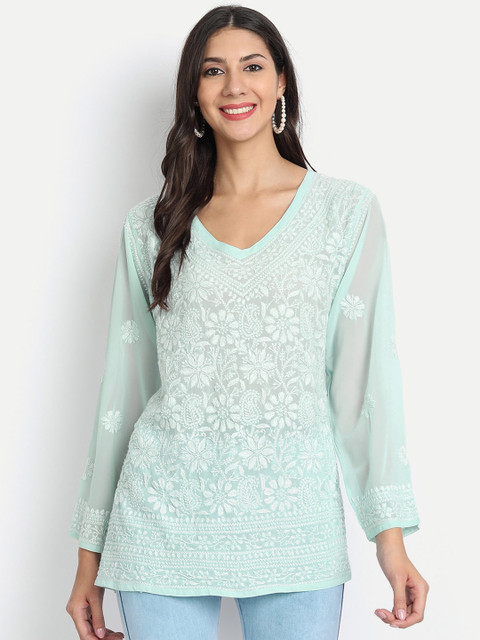 

HOUSE OF KARI Green & White Embroidered Tunic