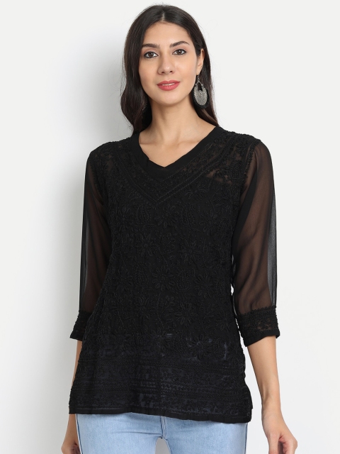 

HOUSE OF KARI Black Chikankari Embroidered Semi-Sheer Tunic