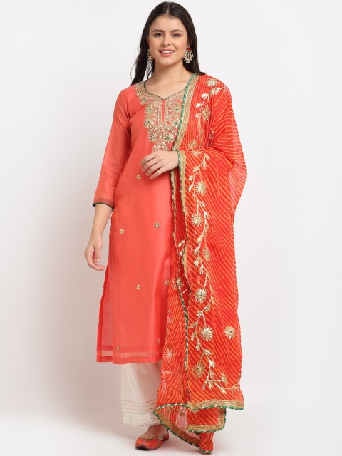 

anokherang Women Orange Floral Yoke Design Regular Kurta with Palazzos & Dupatta