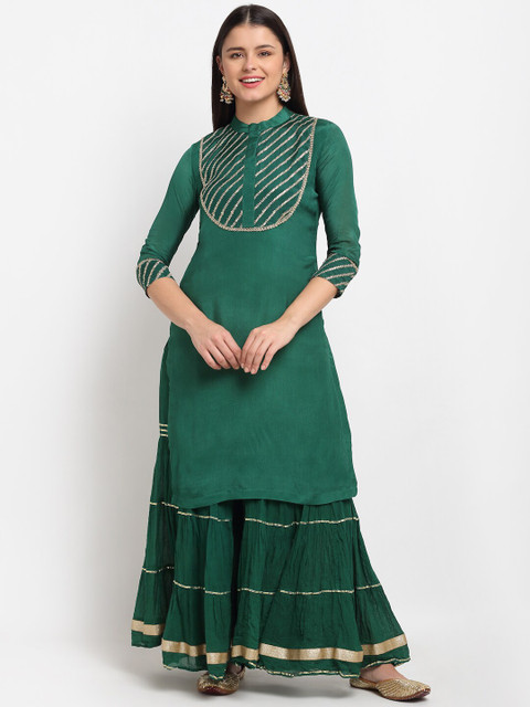 

anokherang Women Green Embroidered Regular Kurta with Sharara