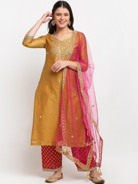 

anokherang Mustard Yellow & Red Embroidered Chanderi Cotton Kurta with Palazzos & Dupatta