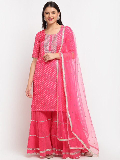 

anokherang Women Pink Printed Regular Kurta with Sharara & Dupatta
