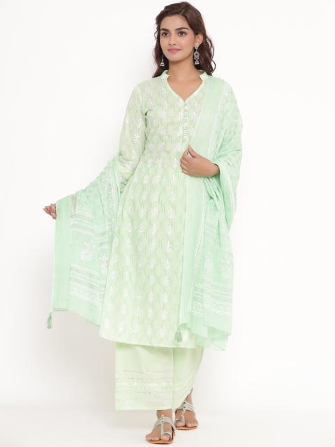 

VEDANA Women Green Ethnic Motifs Embroidered Regular Gotta Patti Pure Cotton Kurta with Palazzos & With