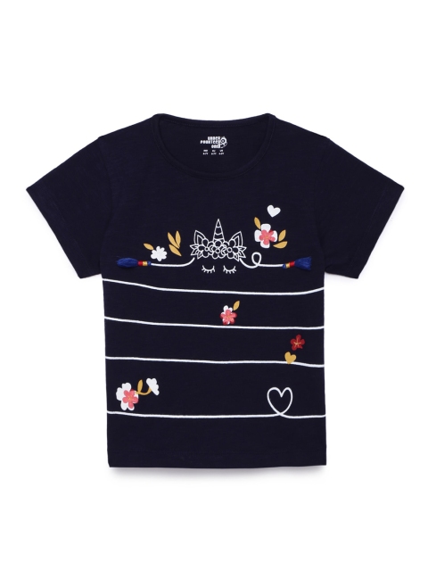 

UNDER FOURTEEN ONLY Girls Navy Blue Cotton Printed Regular Top