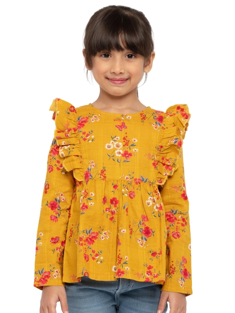 

UNDER FOURTEEN ONLY Yellow Floral Ruffles Cotton Empire Top