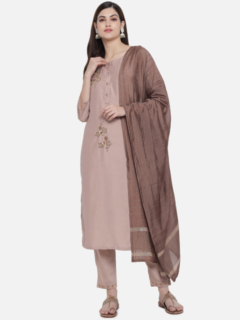 

VAABASTA Women Brown Ethnic Motifs Embroidered Regular Kurta with Trousers & With Dupatta