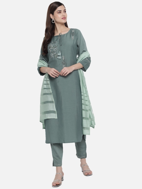 

VAABASTA Women Green Embroidered Kurta with Trousers & Dupatta