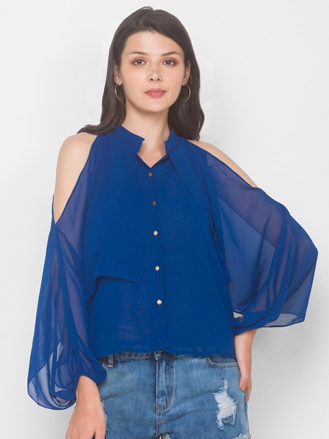 

Iti Blue Mandarin Collar Georgette Shirt Style Top