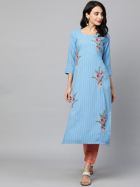 

FASHOR Woman Blue Floral Embroidered & Striped Kurta