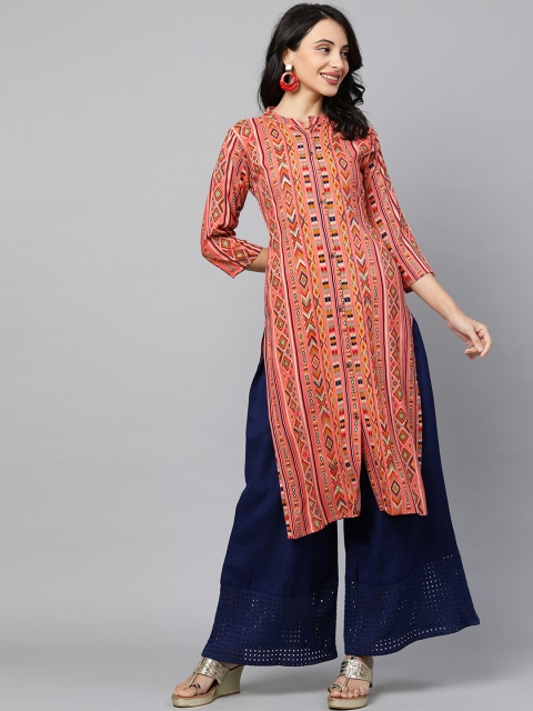 

FASHOR Women Pink Geometric Printed Kurta