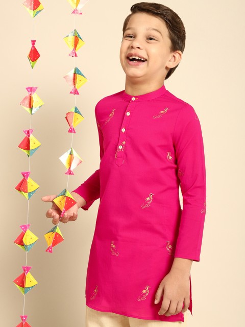 

House of Pataudi Boys Fuchsia Rozana Bird Print Pure Cotton Kurta