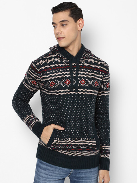 

AMERICAN EAGLE OUTFITTERS Men Navy Blue Printed Hooded Sweatshirt