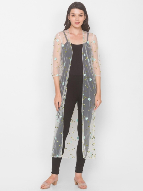 

Iti Women Off White & Turquoise Blue Printed Embroidered Longline Shrug