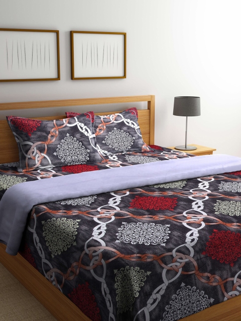 

Arrabi Grey & Red Ethnic Motifs Printed 300 TC King Bedding Set
