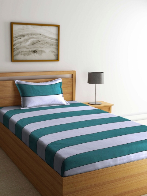 

Arrabi Green & White Striped 130 TC Single Bedsheet with 1 Pillow Covers