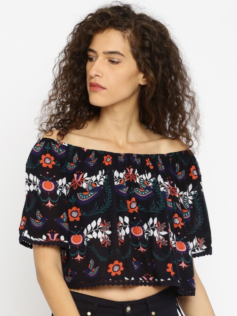 

ONLY Women Navy Printed Off-Shoulder Crop Top, Navy blue