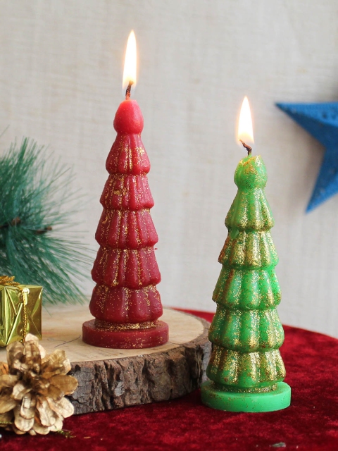 

TIED RIBBONS Set Of 2 Christmas Decoration Tree Wax Candles, Red