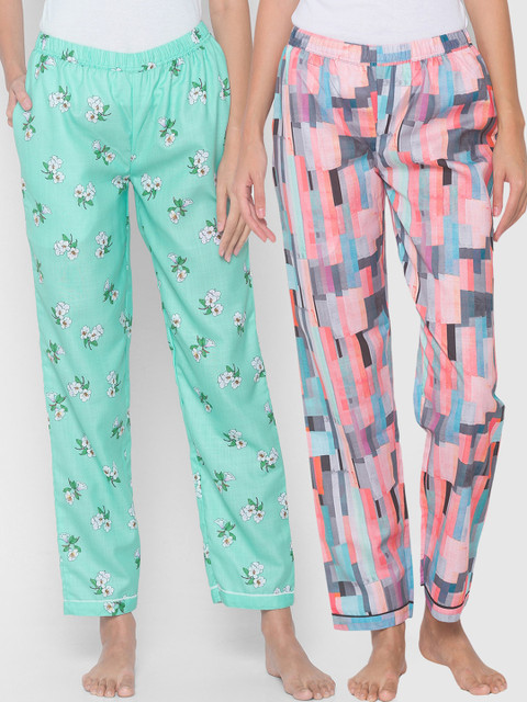 

FashionRack Women Pack Of 2 Printed Cotton Lounge Pants, Green
