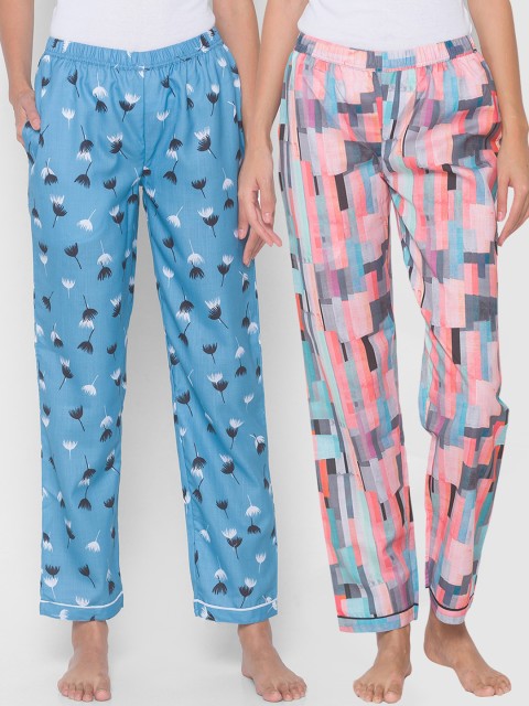 

FashionRack Women Pack Of 2 Printed Cotton Lounge Pants, Blue