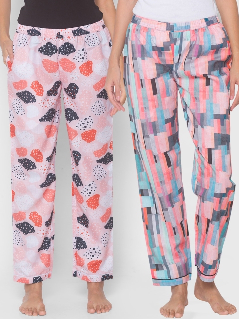 

FashionRack Women Pack Of 2 Pink & Blue Printed Cotton Lounge Pants