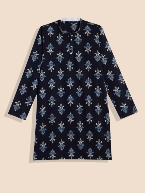 

House of Pataudi Boys Navy Blue Printed Pure Cotton Kurta