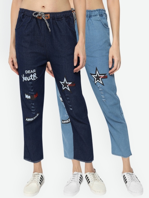 

Fleurt Women Blue Slash Knee Printed Jeans