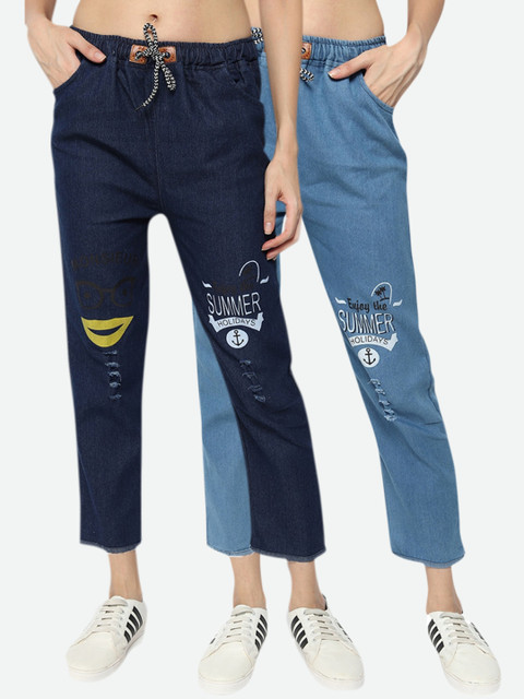 

Fleurt Women Pack Of 2 Highly Distressed Printed Jeans, Blue