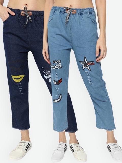 

Fleurt Women Pack Of 2 Blue Mildly Distressed Printed Jeans