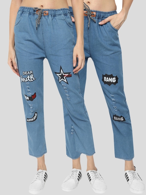 

Fleurt Women Blue Set Of 2 Highly Distressed Printed Jeans