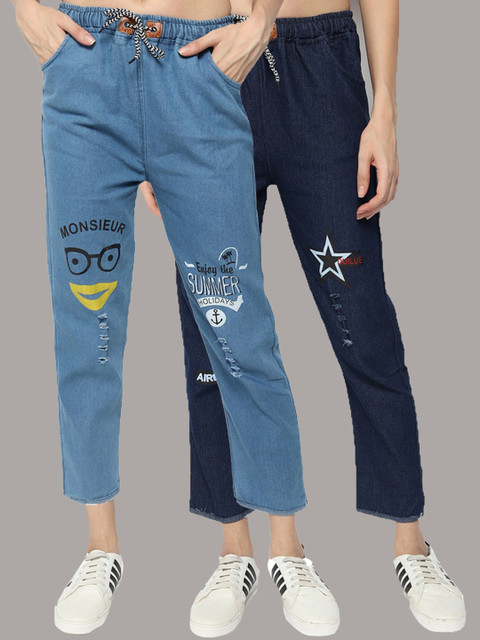 

Fleurt Women Pack of 2 Distressed Printed Jeans, Blue