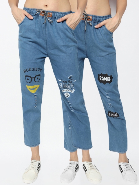 

Fleurt Women Blue Highly Distressed Pack Of 2 Printed Jeans
