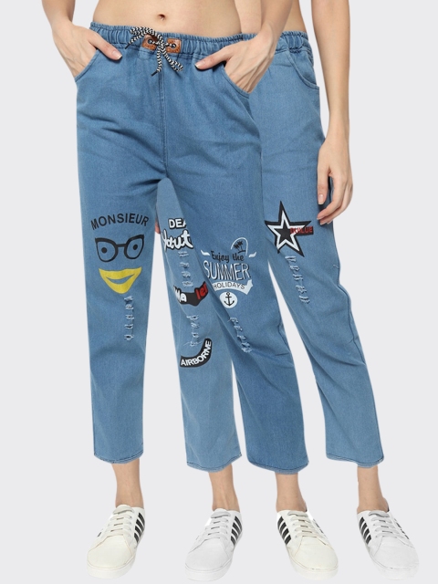 

Fleurt Women Pack Of 2 Blue Low Distress Printed Jeans