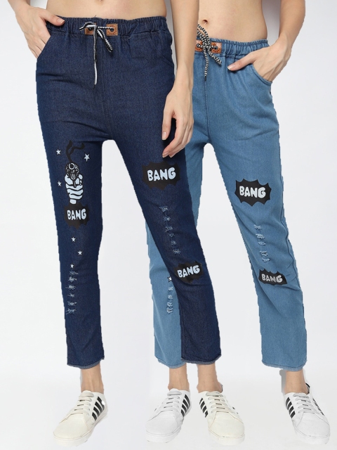 

Fleurt Women Pack Of 2 Blue Mildly Distressed Cotton Printed Jeans