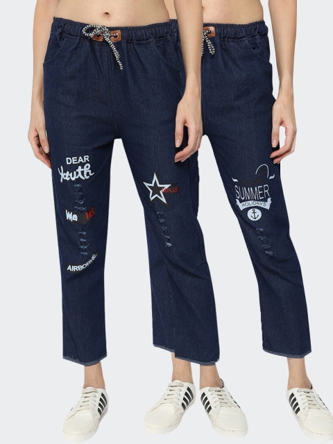 

Fleurt Women Pack Of 2 Blue Mildly Distressed Printed Jeans