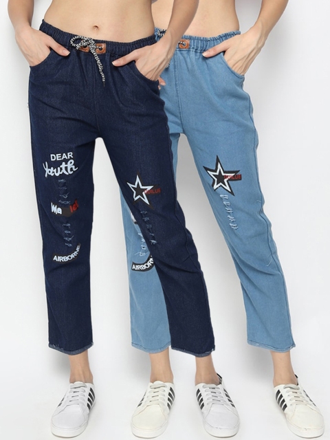 

Fleurt Women Pack Of 2 Blue Low Distress Printed Jeans
