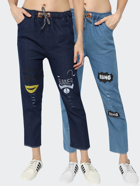 

Fleurt Women Pack of 2 Blue Highly Distressed Printed Jeans