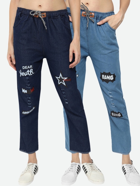 

Fleurt Women Pack of 2 Highly Distressed Printed Jeans, Blue