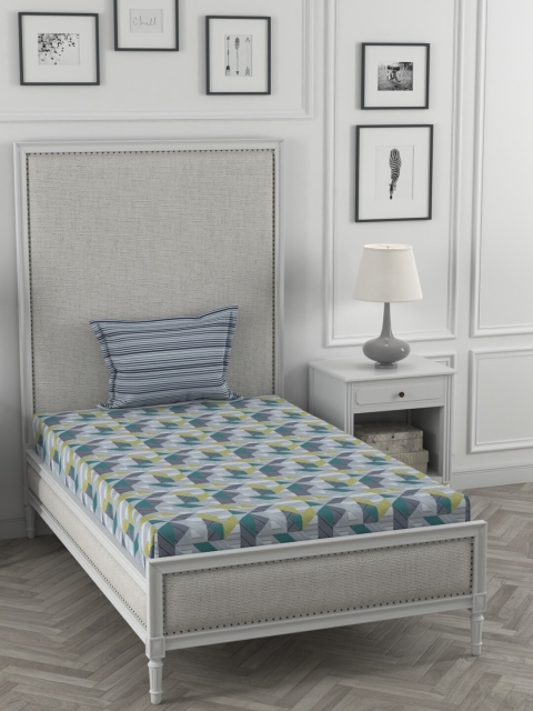 

Trident Green & Grey Geometric 120 TC Single Bedsheet with 1 Pillow Covers