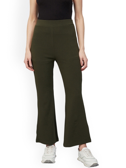 

Orchid Blues Women Olive Green Flared High-Rise Parallel Trousers