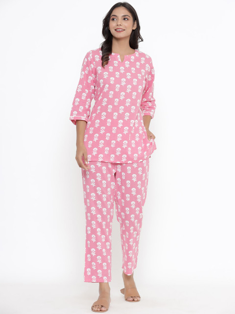 

JISORA Women Pink & White Printed Night suit