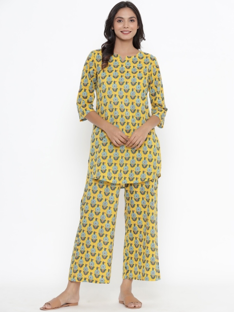 

JISORA Women Yellow & Blue Printed Night suit