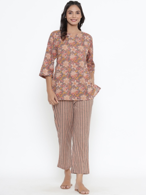 

JISORA Women Grey & Maroon Printed Night suit
