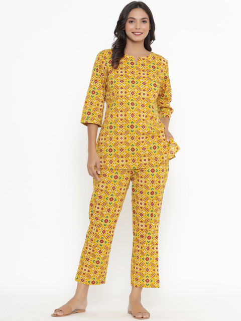 

JISORA Women Yellow & Green Printed Night suit