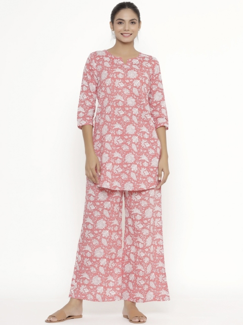 

JISORA Women Pink & White Printed Night suit