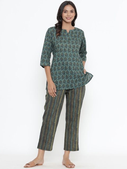 

JISORA Women Green & Blue Printed Night suit