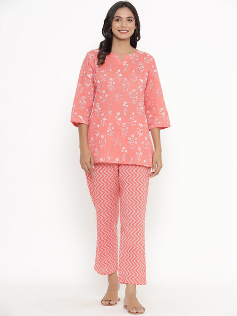 

JISORA Women Pink & White Printed Night suit